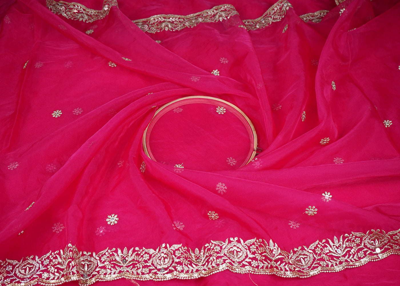 Rani Pink Organza Dupatta Fabric With All Over Buti Of Zari And Sequins Work With Two Side Border 19188