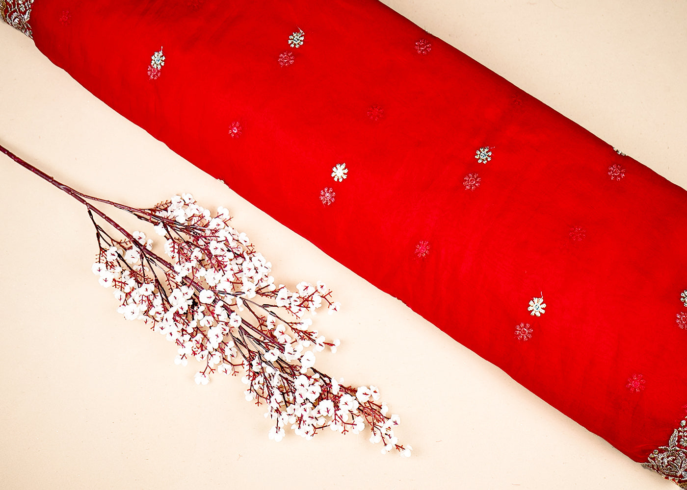 Red Organza Dupatta Fabric With All Over Buti Of Zari And Sequins Work With Two Side Border 19190