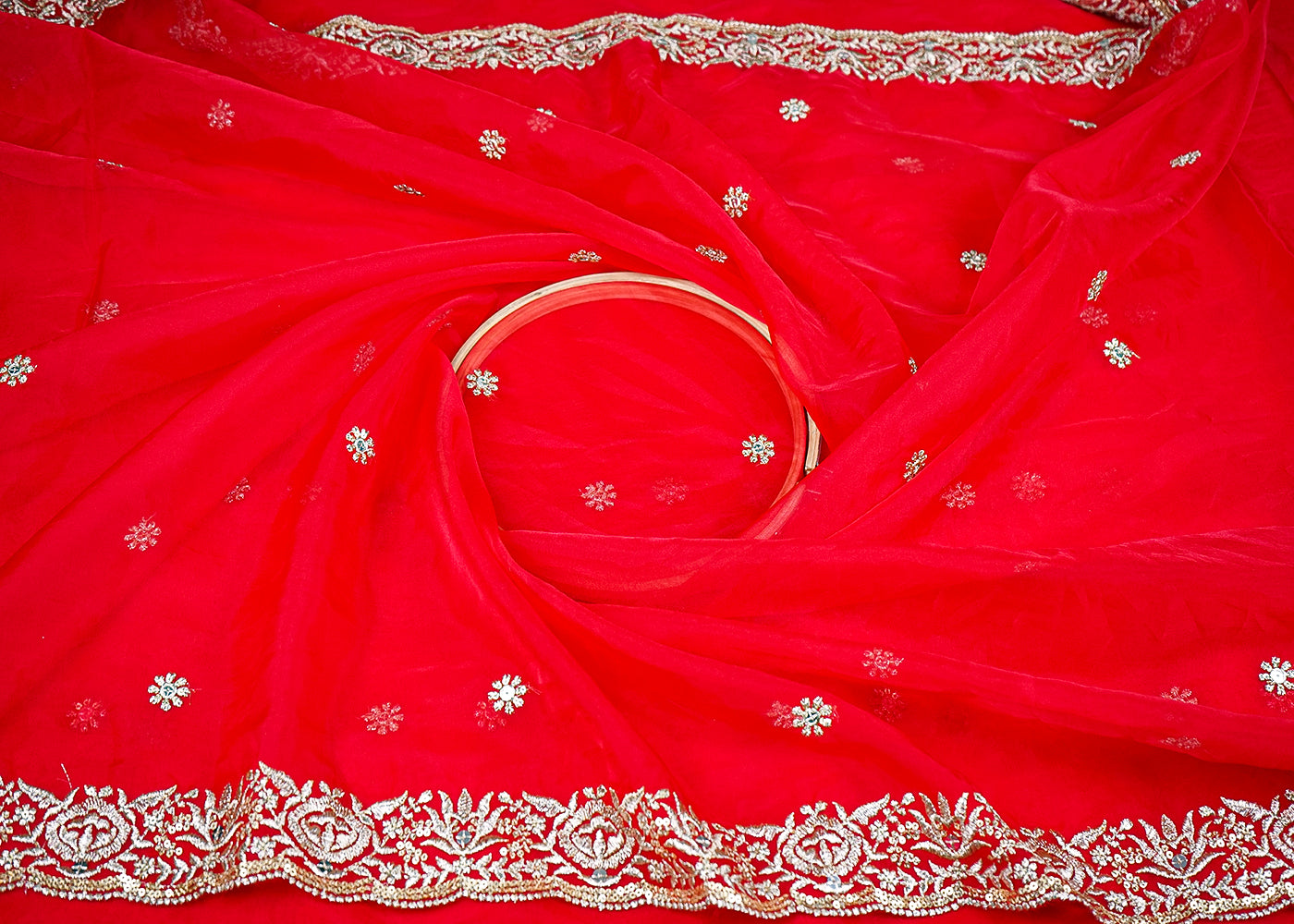 Red Organza Dupatta Fabric With All Over Buti Of Zari And Sequins Work With Two Side Border 19190