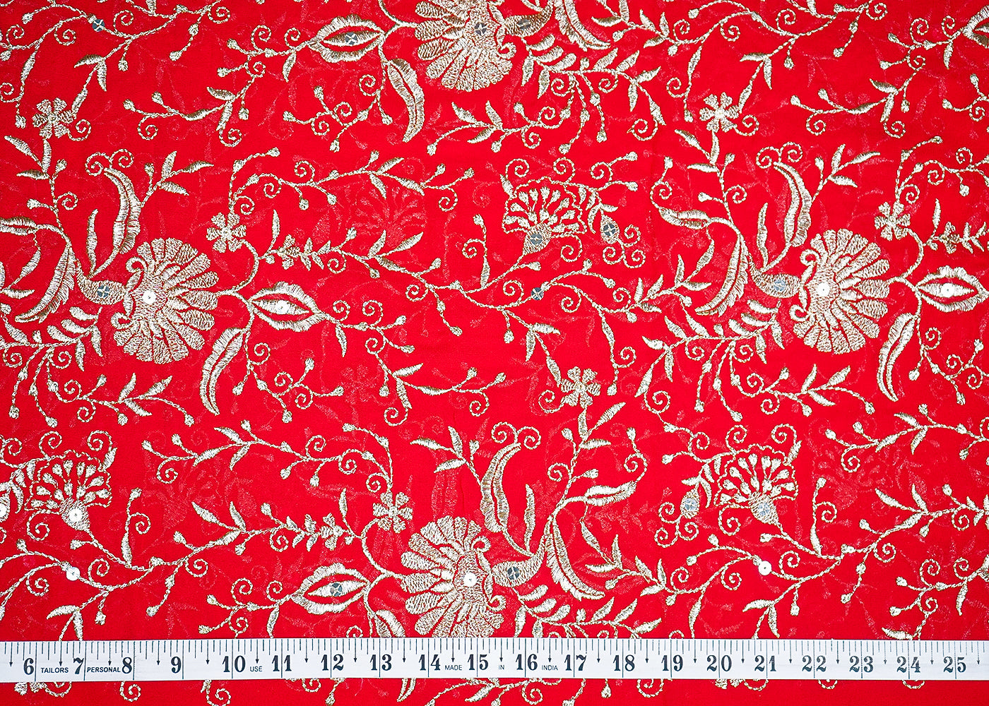 Red Georgette Fabric With All Over Zari And Sequins Work 19193