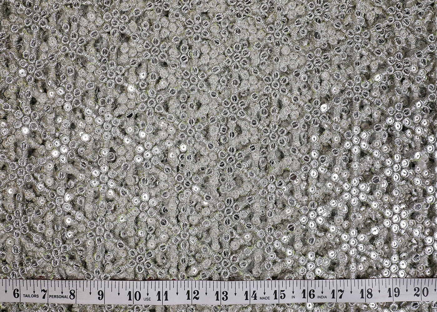 Silver Imported Laser Cutwork Net Fabric With All Over Silver Zari And Faux Mirror Work 19194