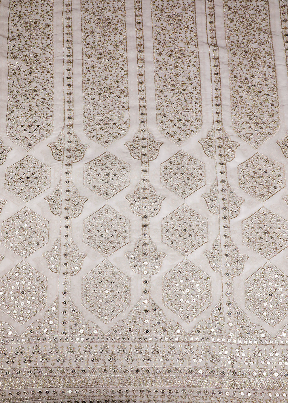 White Georgette Fabric With All Over Zari And Sequins Work With One Side Border 19196