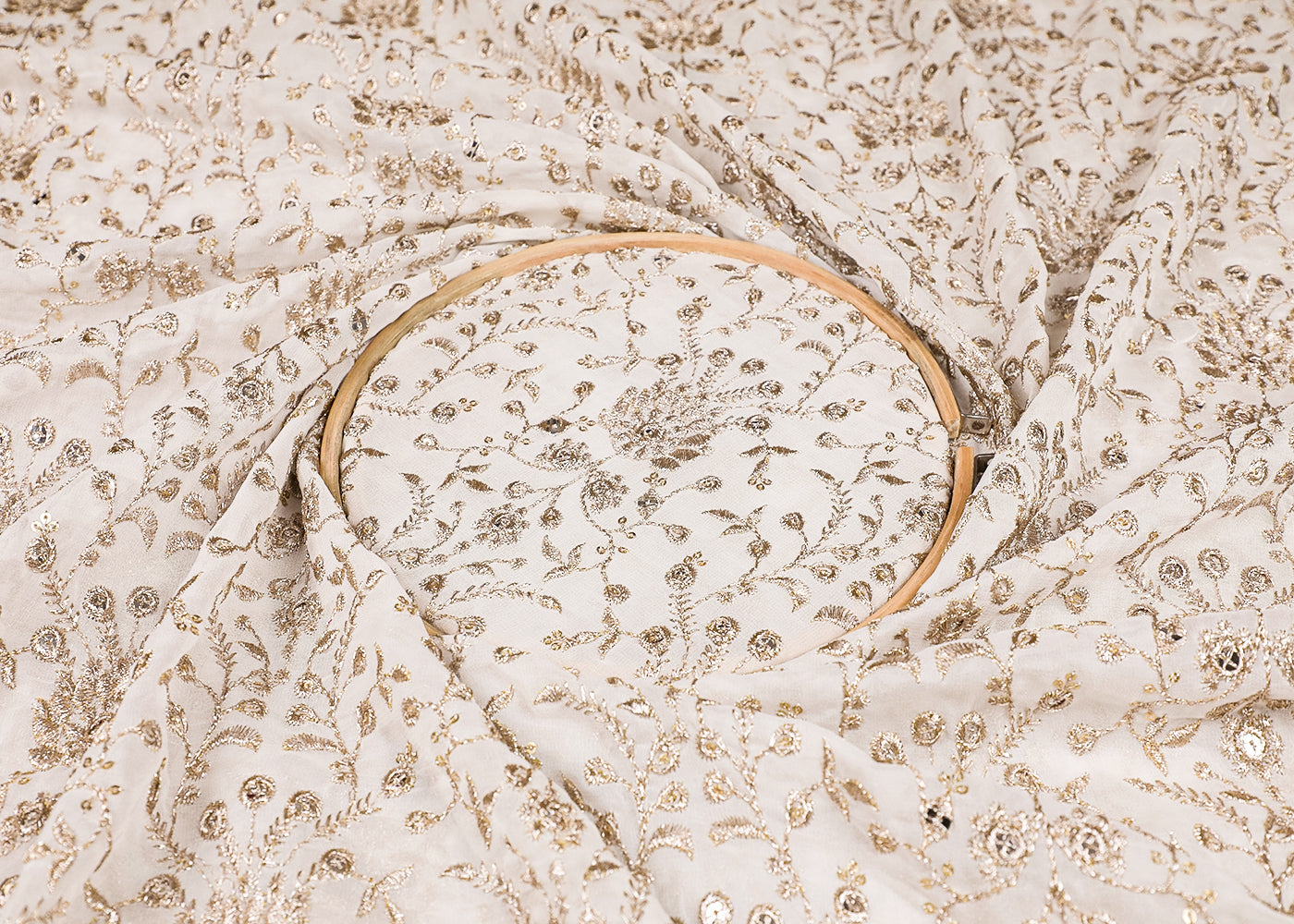 White Georgette Fabric With All Over Zari And Sequins Work 19197