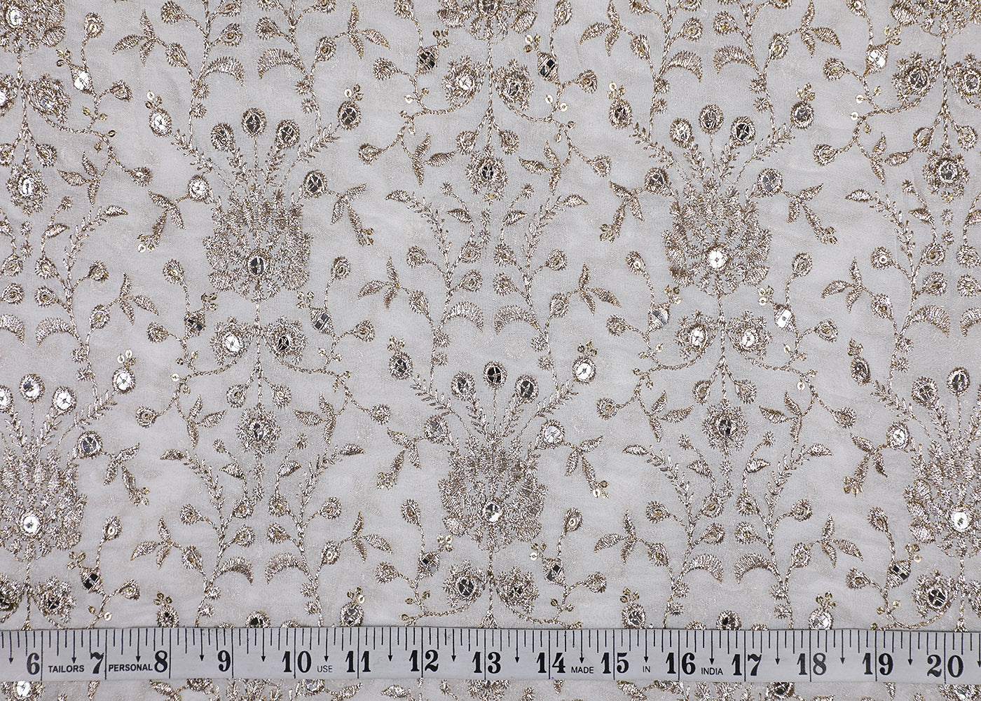 White Georgette Fabric With All Over Zari And Sequins Work 19197
