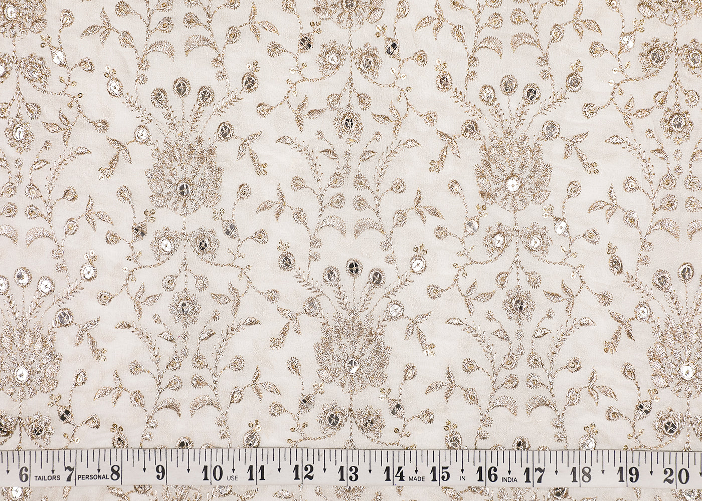 White Georgette Fabric With All Over Zari And Sequins Work 19197