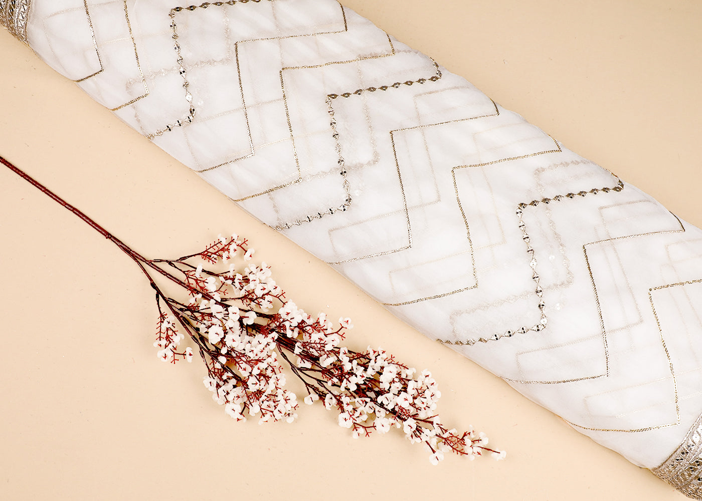 White Georgette Dupatta Fabric With All Over Zari And Sequins Work With Two Side Border 19199