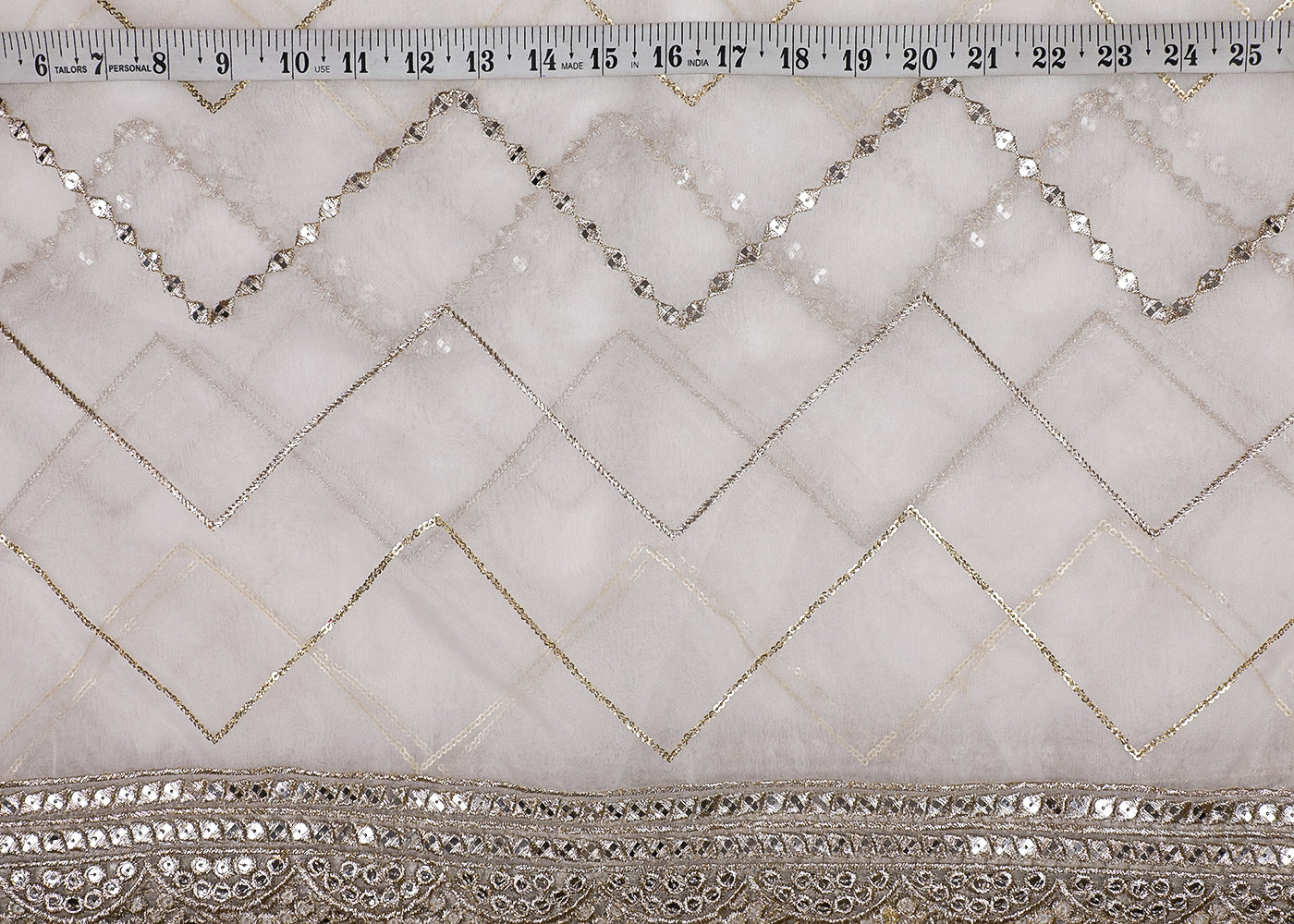 White Georgette Fabric With All Over Zari And Sequins Work With Two Side Border 19199
