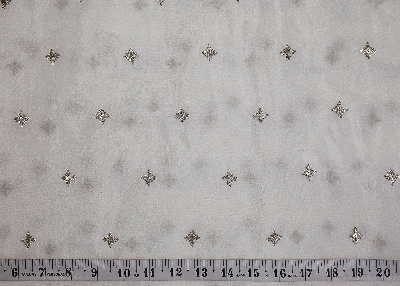 White Chinon Chiffon Fabric With All Over Sequins Buti Work 19214