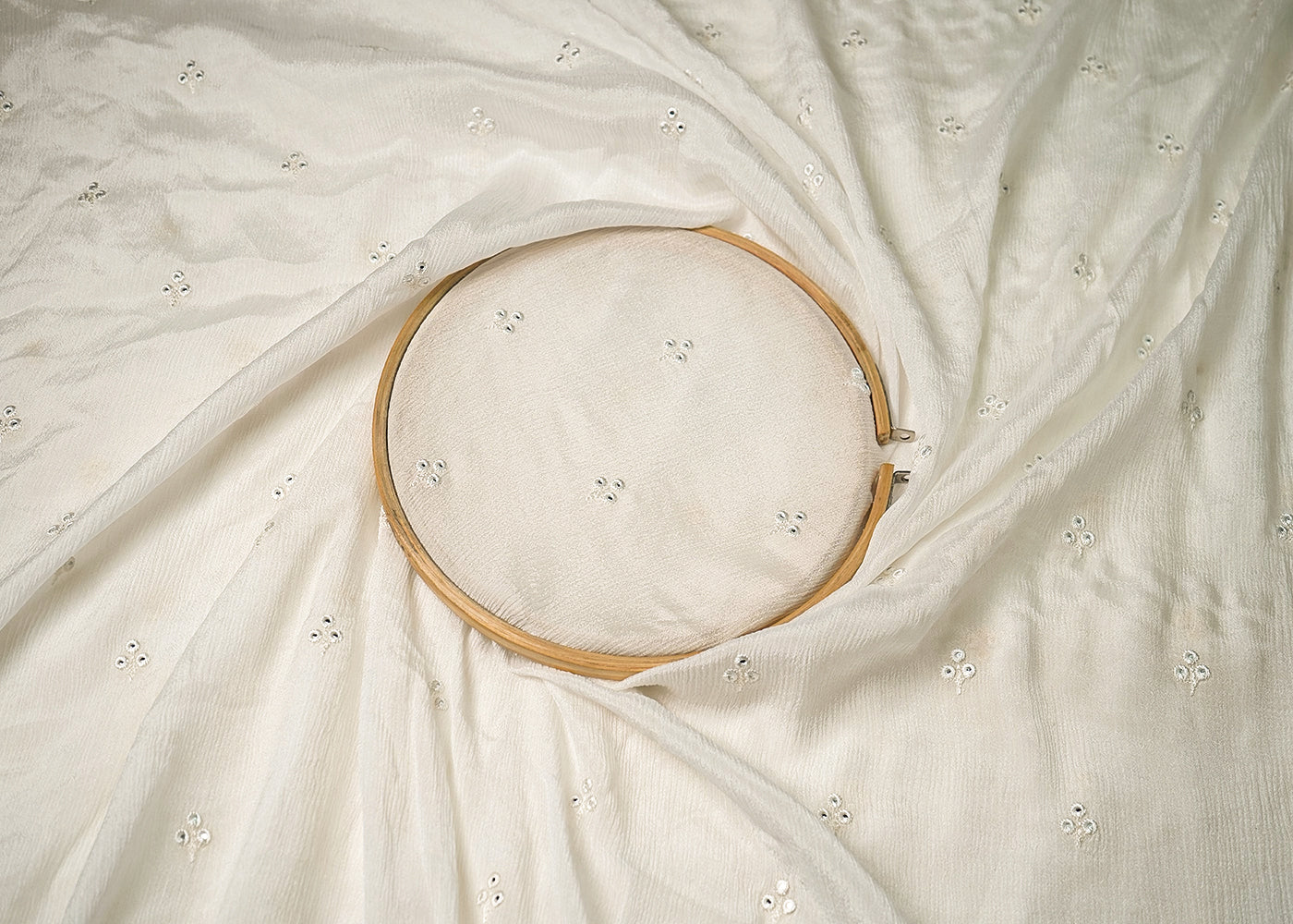 White Chinon Chiffon Fabric With All Over Thread And Faux Mirror Work 19217