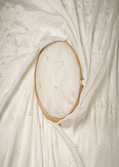 White Dyeable Chinon Chiffon Fabric With All Over Thread And Faux Mirror Work 19217