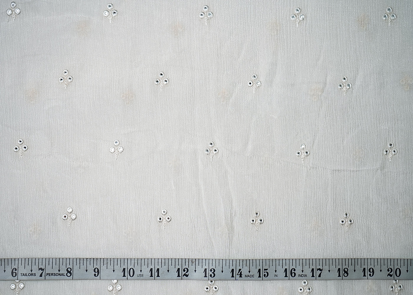 White Chinon Chiffon Fabric With All Over Thread And Faux Mirror Work 19217