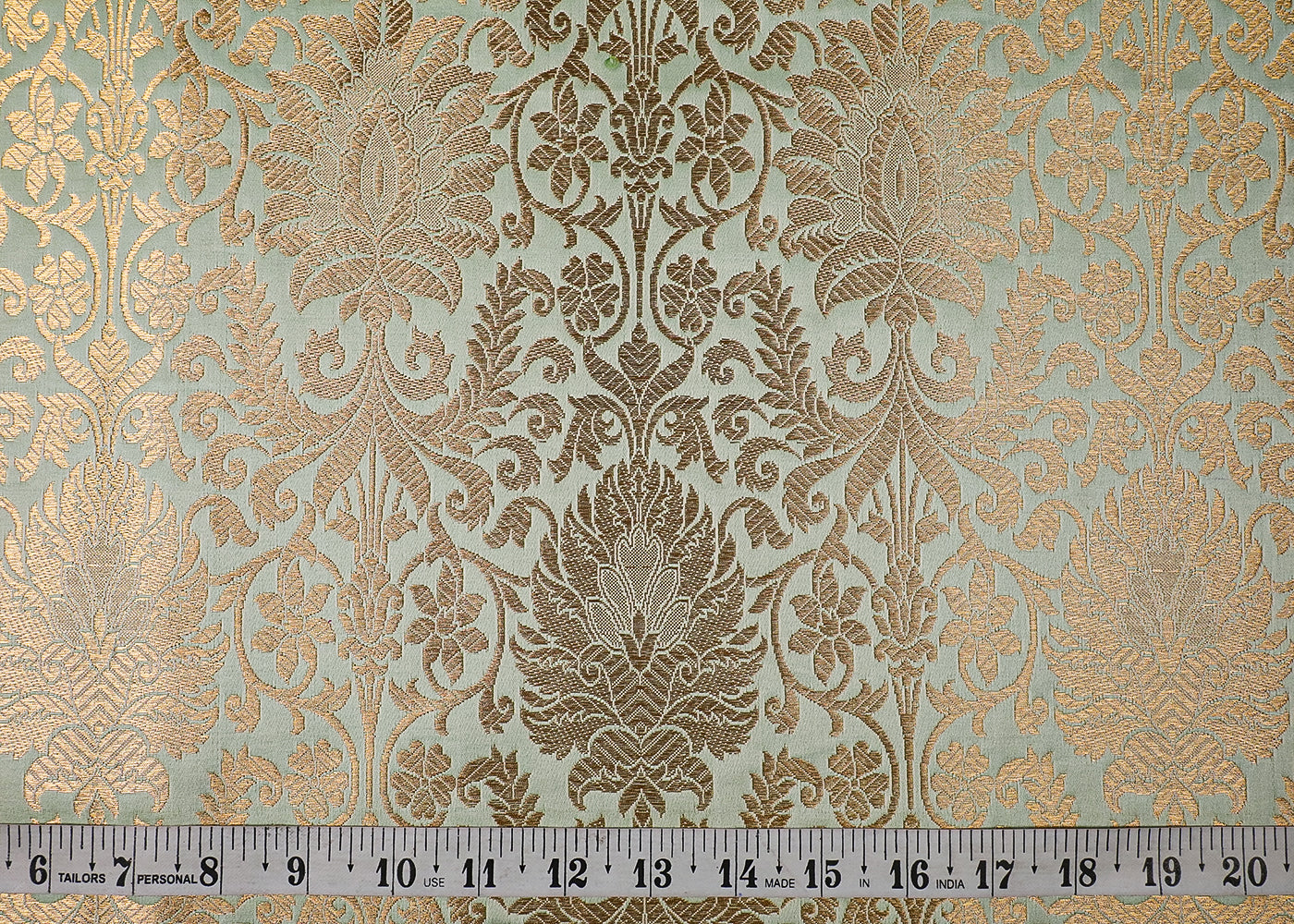 Mint Green Banarasi Brocade Fabric With All Over Golden Zari Handloom 19226