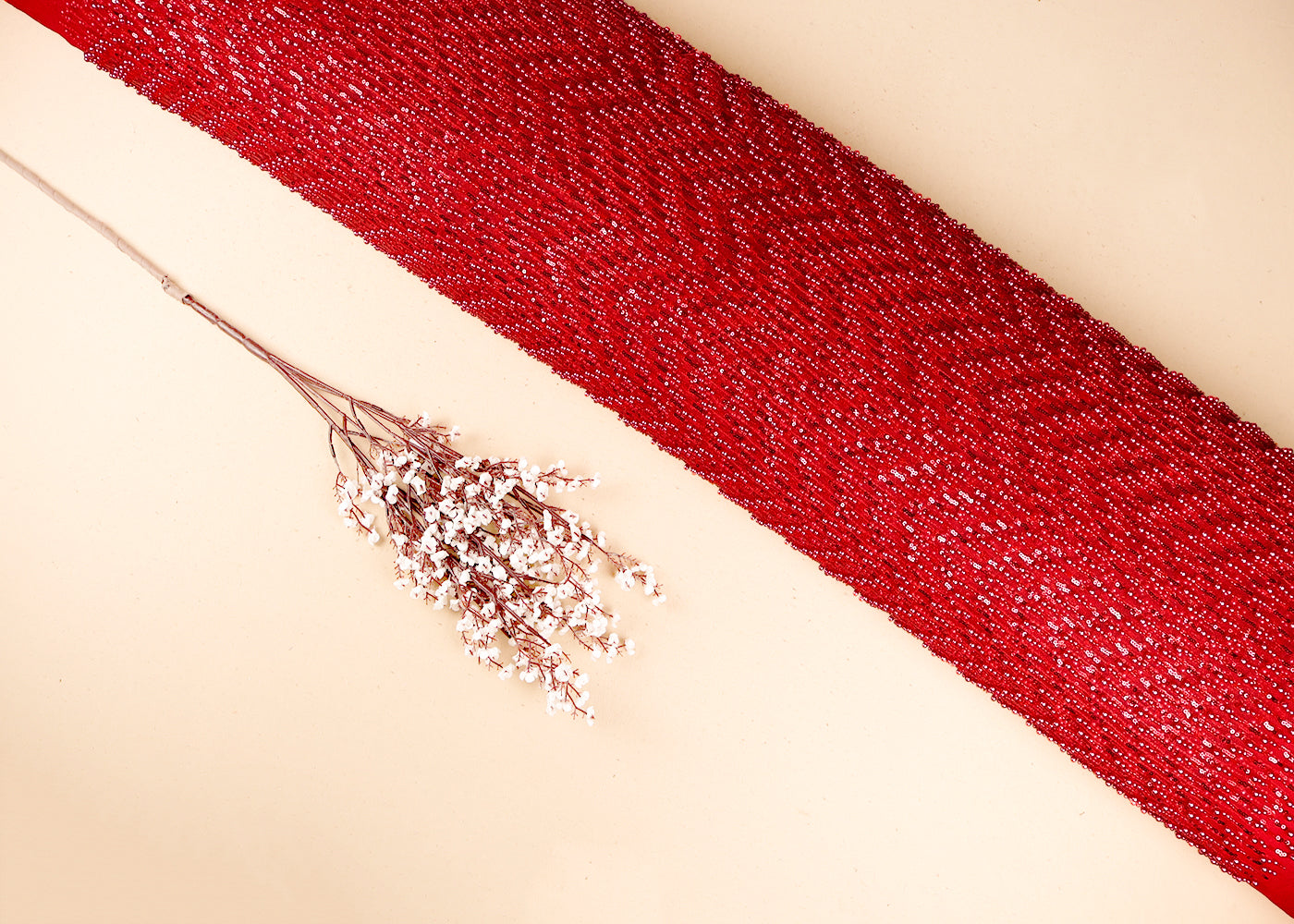 Red Imported Net Fabric With All Over Bead And Sequins Work 19235