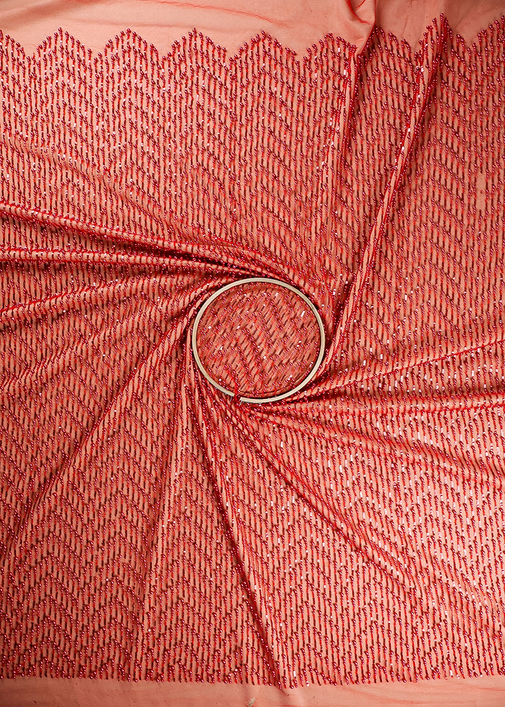 Red Imported Net Fabric With All Over Bead And Sequins Work 19235