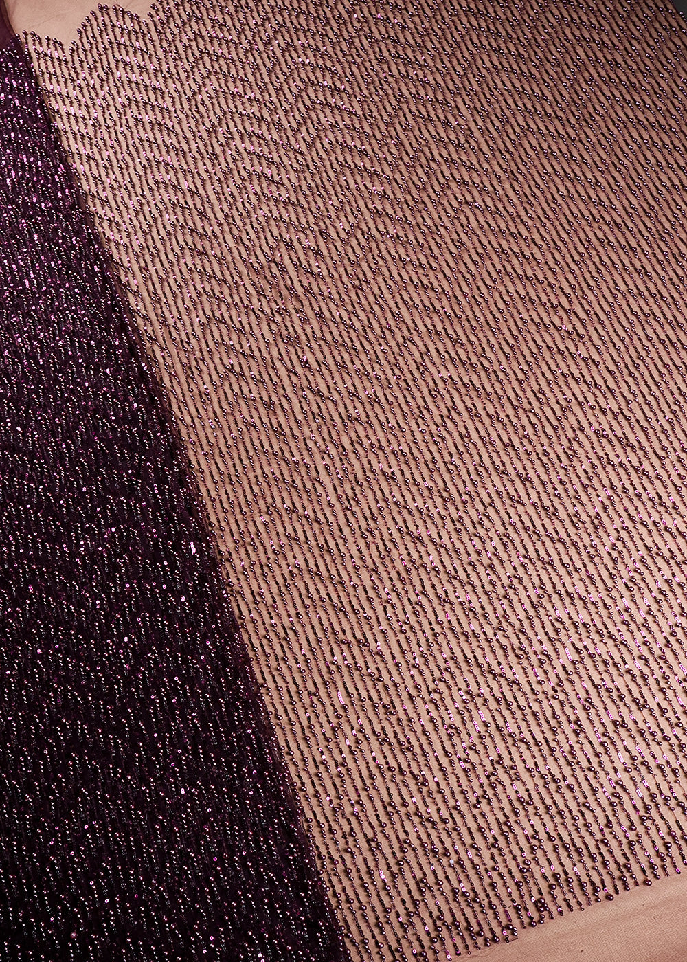 Wine Imported Net Fabric With All Over Bead And Sequins Work 19236