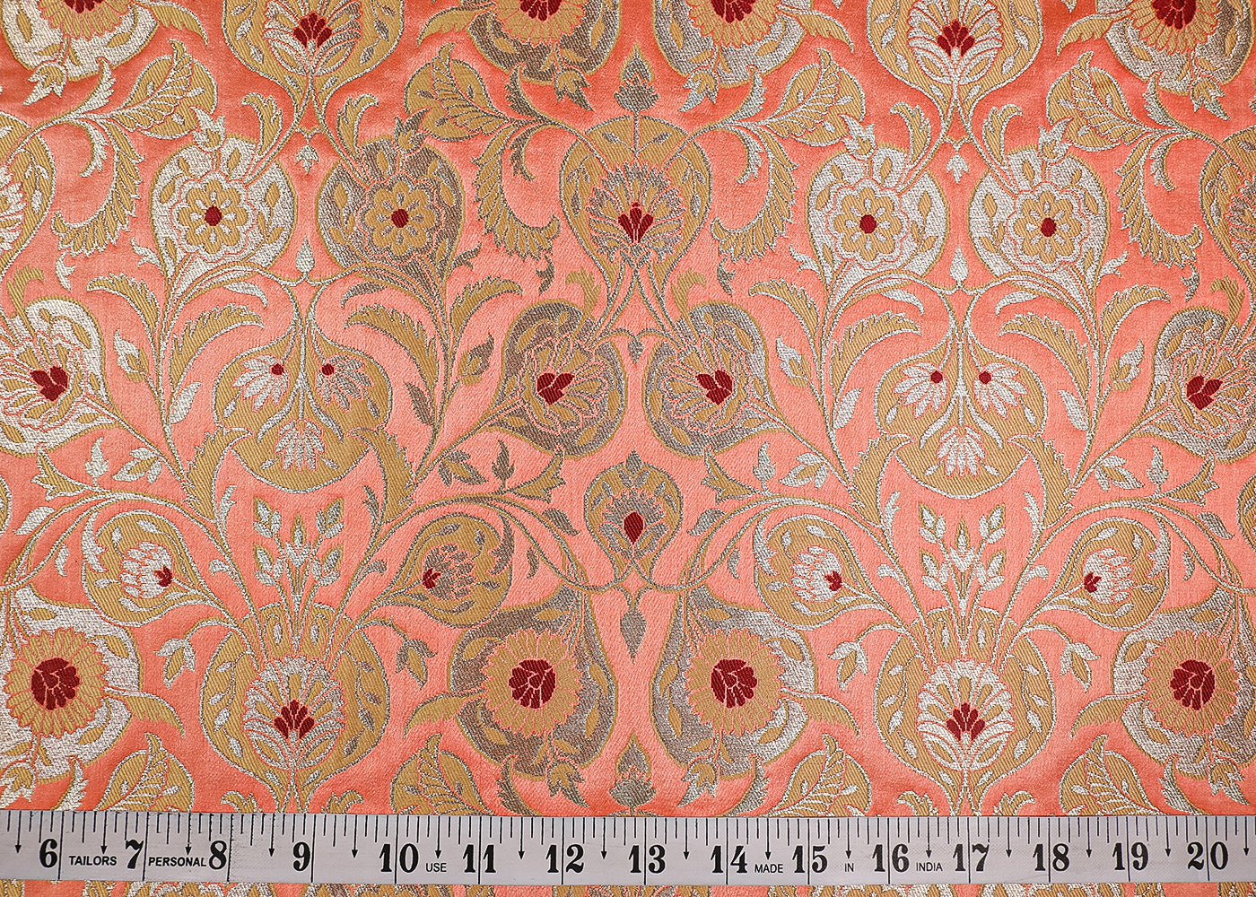 Peach Banarasi Brocade Fabric With All Over Thread And Golden Zari Handloom 19238