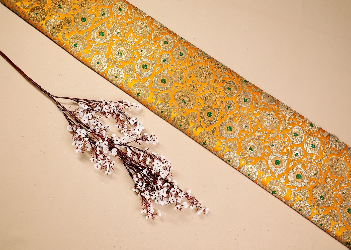 Yellow Pure Banarasi Brocade Fabric With All Over Thread And Golden Zari Handloom 19240