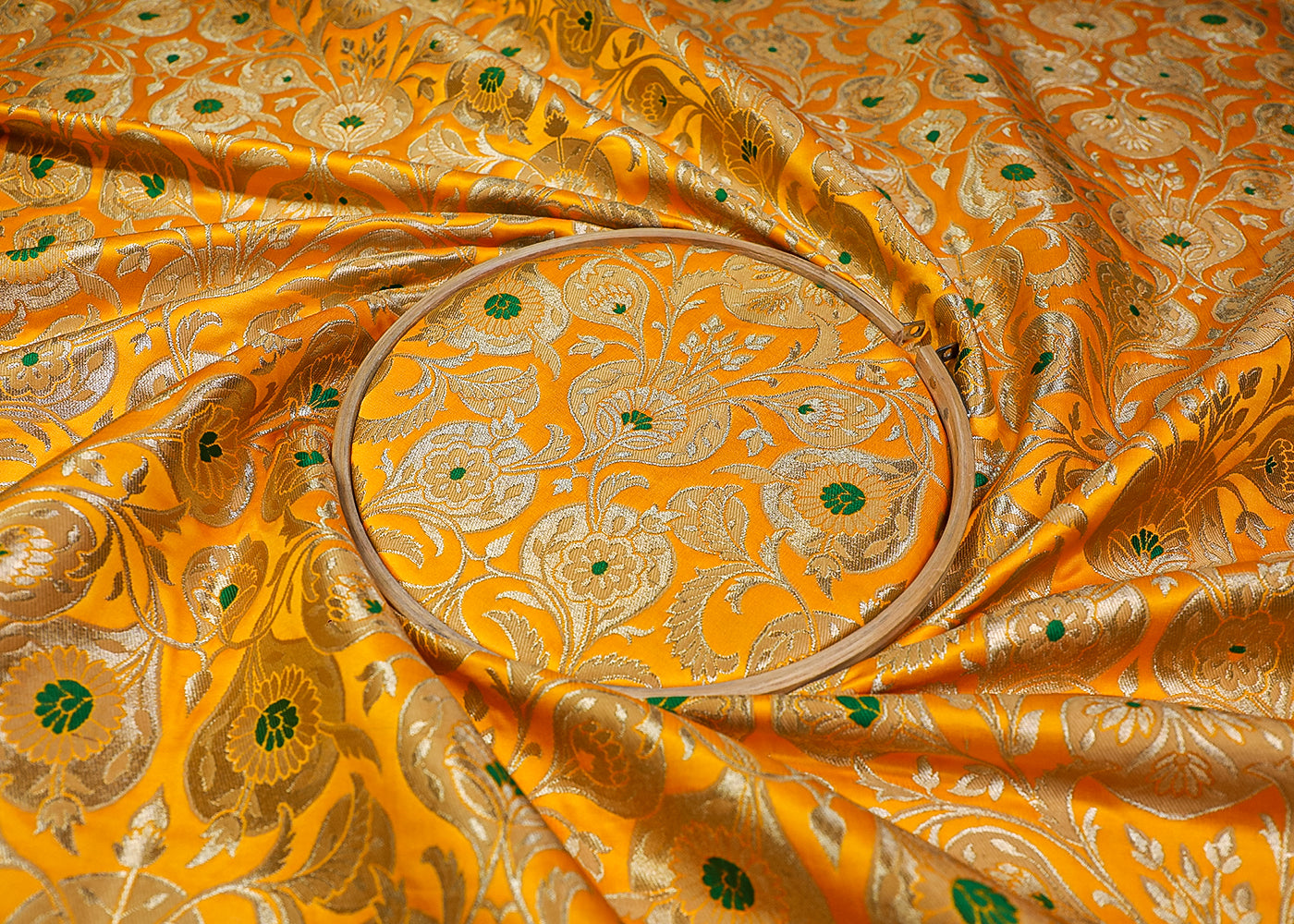 Yellow Pure Banarasi Brocade Fabric With All Over Thread And Golden Zari Handloom 19240