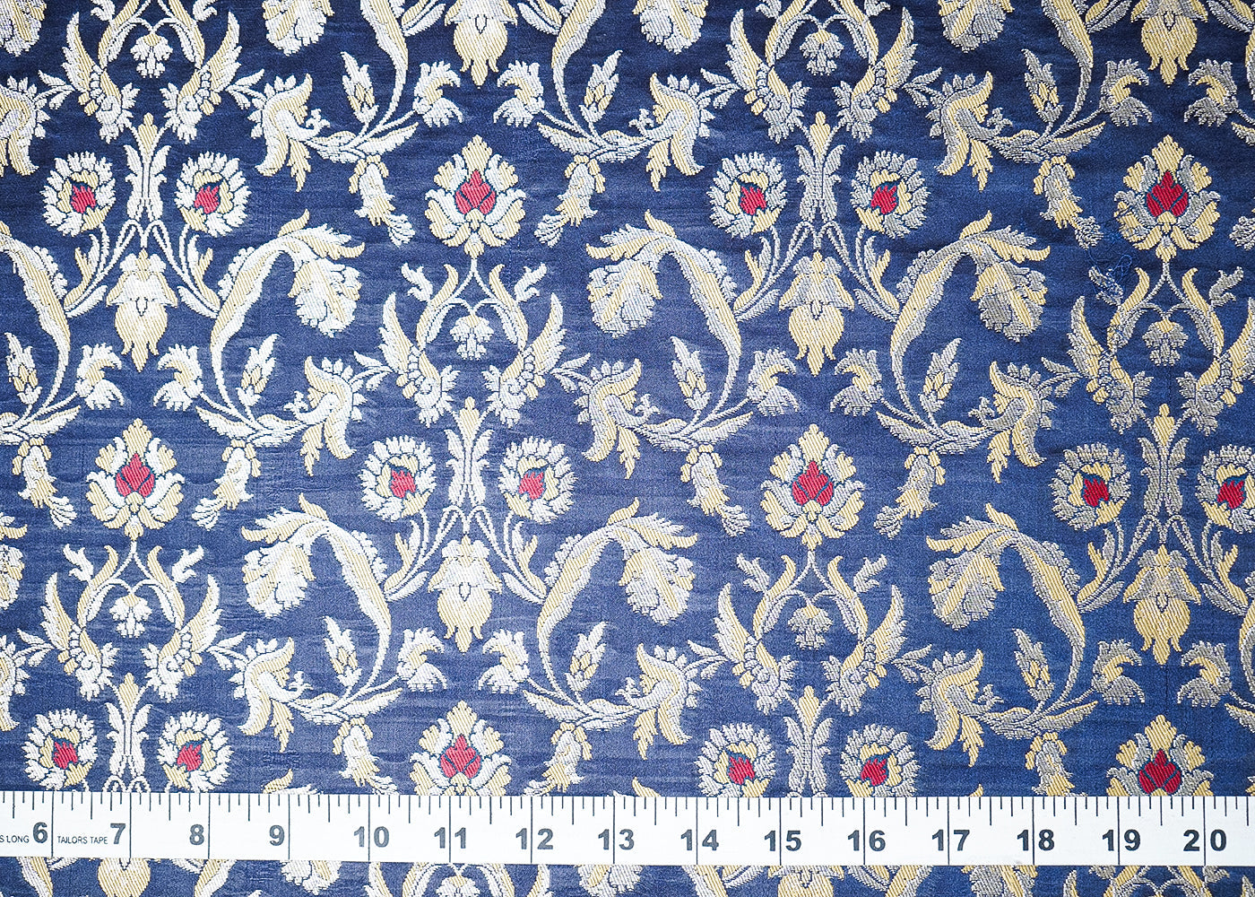 Navy Blue Banarasi Brocade Fabric With All Over Thread And Golden Zari Handloom 19242