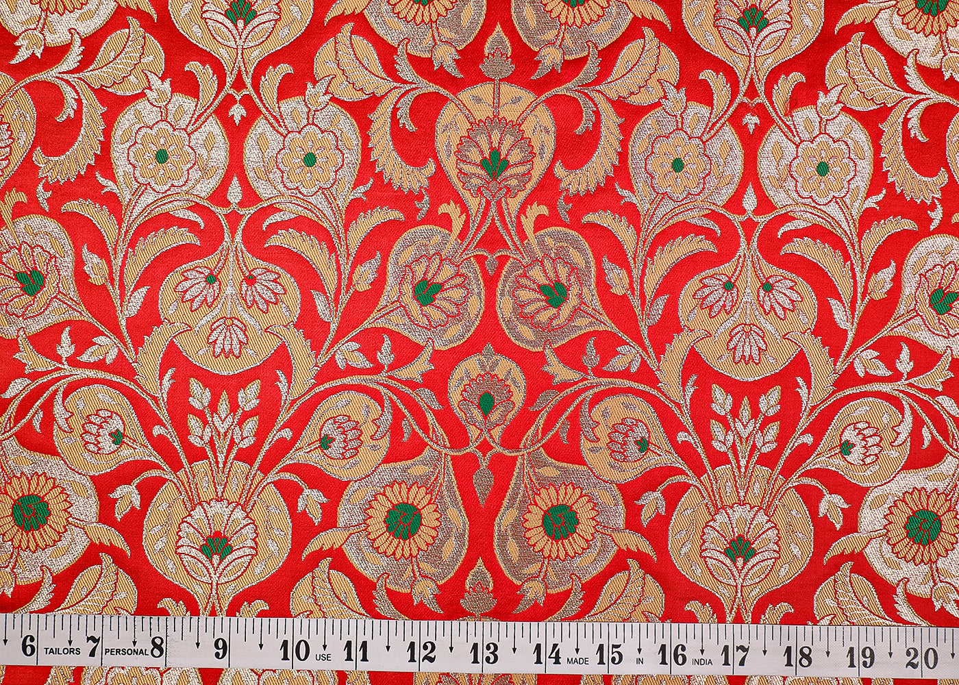 Red Banarasi Brocade Fabric With All Over Thread And Golden Zari Handloom 19245