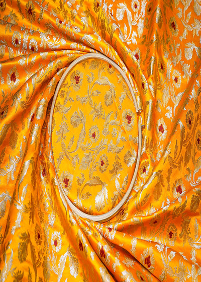 Mustard Pure Banarasi Brocade Fabric With All Over Thread And Golden Zari Handloom 19247