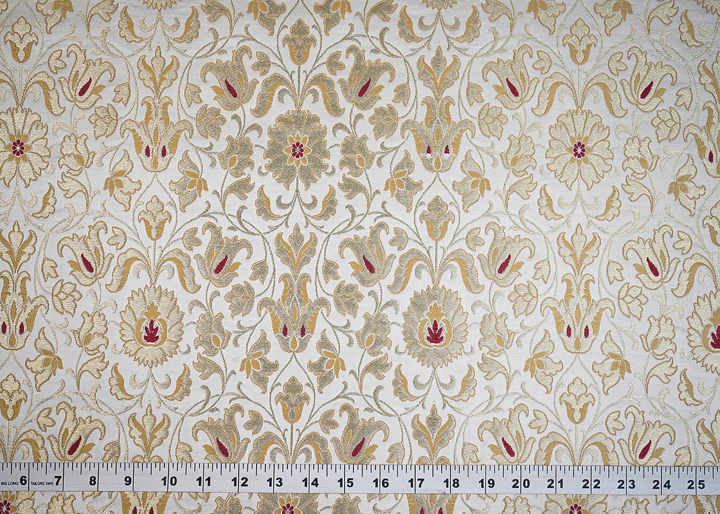 White Banarasi Brocade Fabric With All Over Thread And Golden Zari Handloom 19248