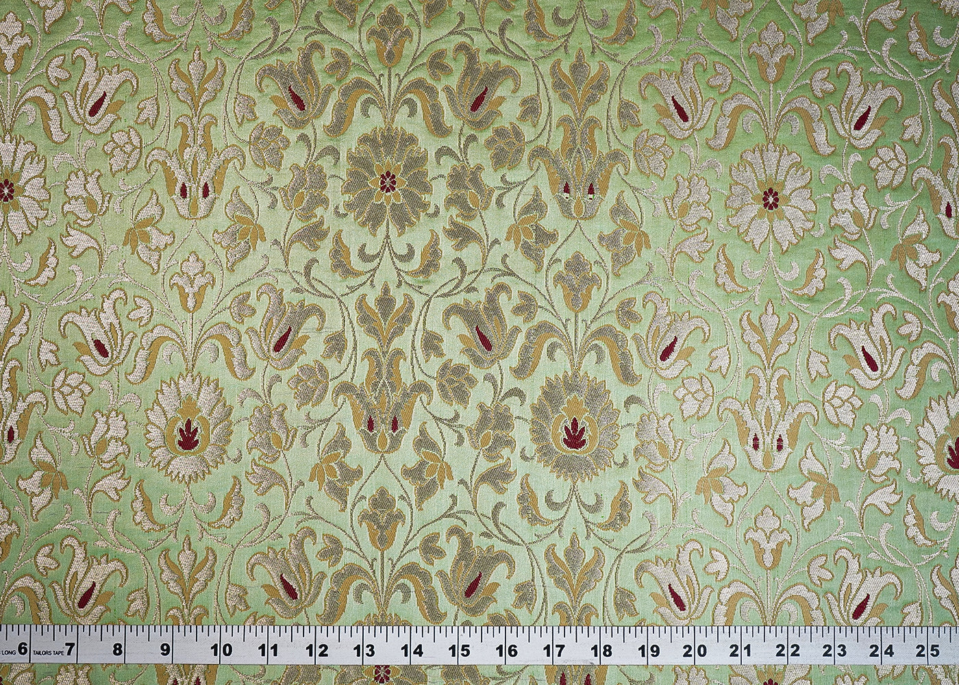 Mint Green Banarasi Brocade Fabric With All Over Thread And Golden Zari Handloom 19252