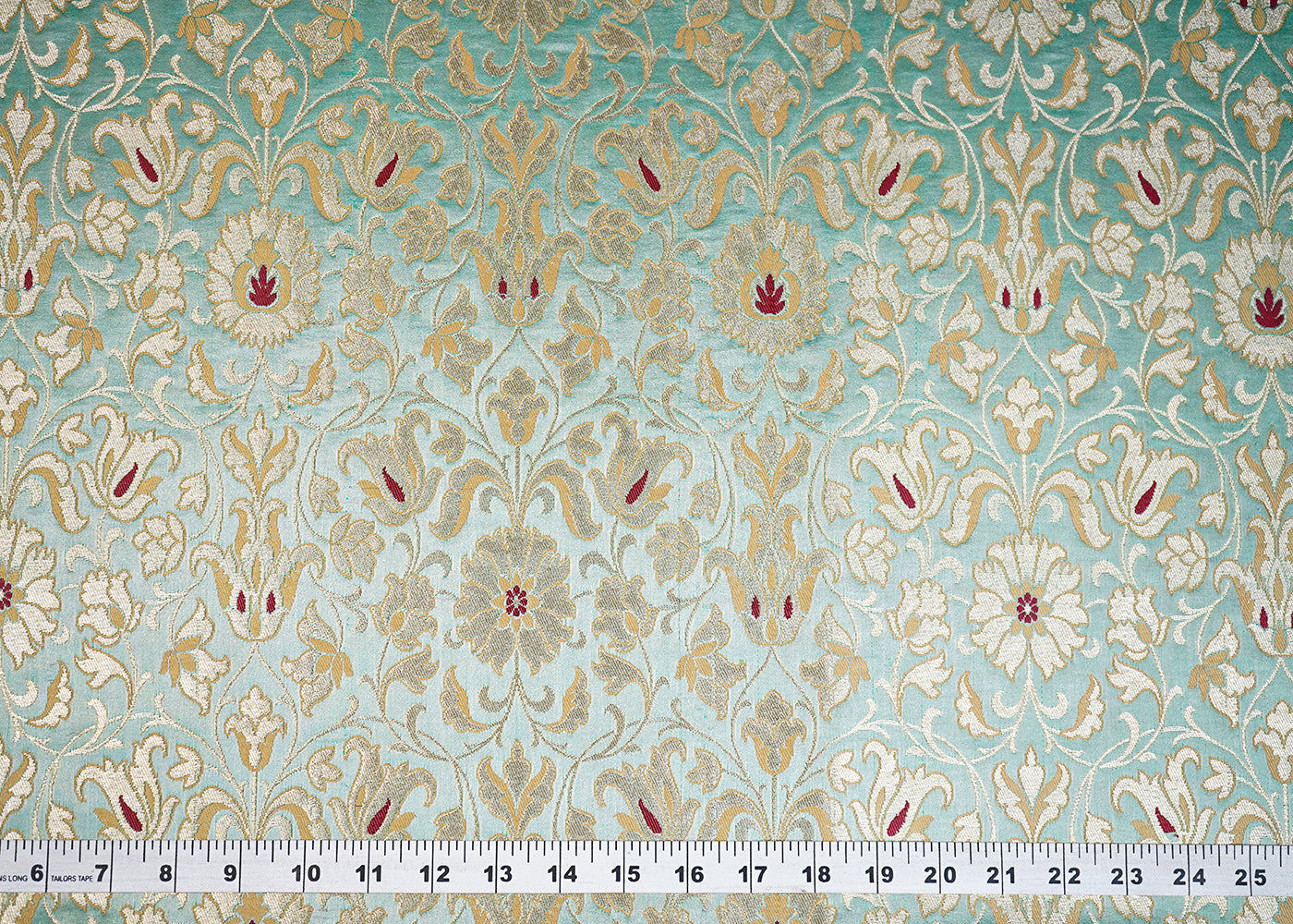 Pista Green Banarasi Brocade Fabric With All Over Thread And Golden Zari Handloom 19253