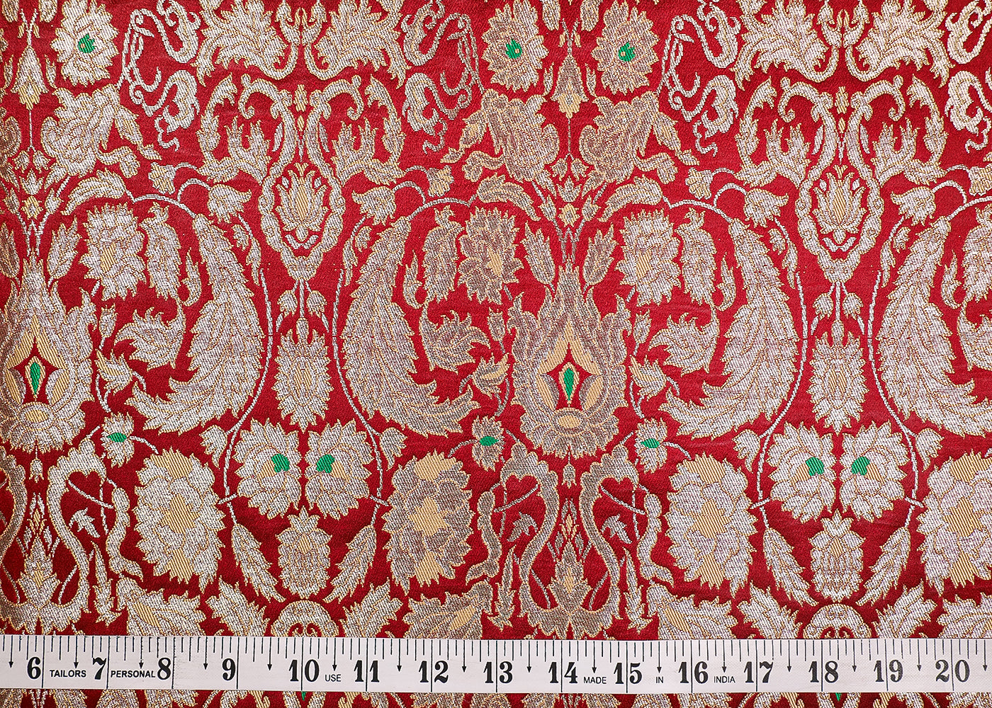 Wine Banarasi Brocade Fabric With All Over Thread And Golden Zari Handloom 19258