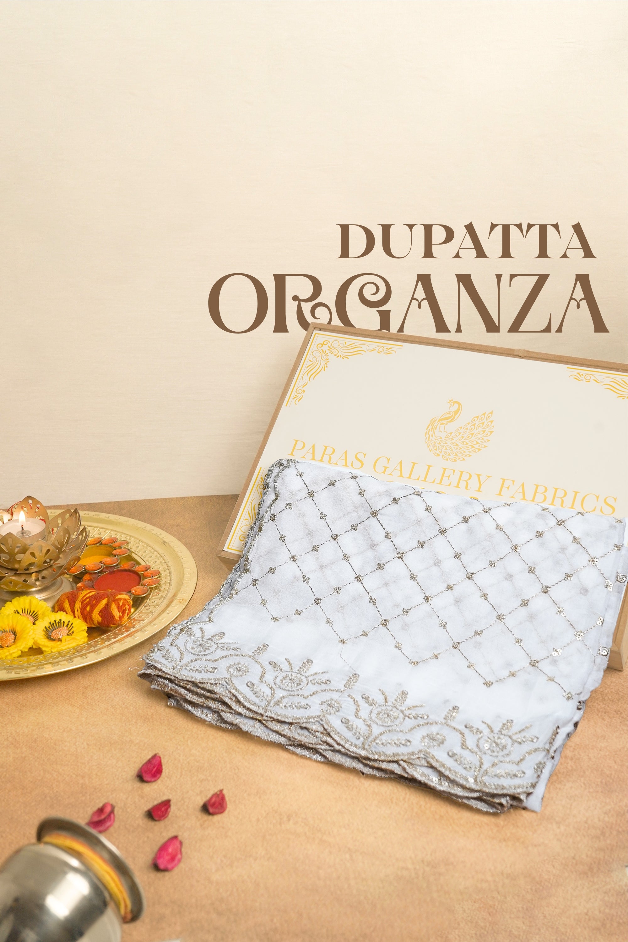 White Dyeable Organza Dupatta All Over Zari And Sequins Work 19295