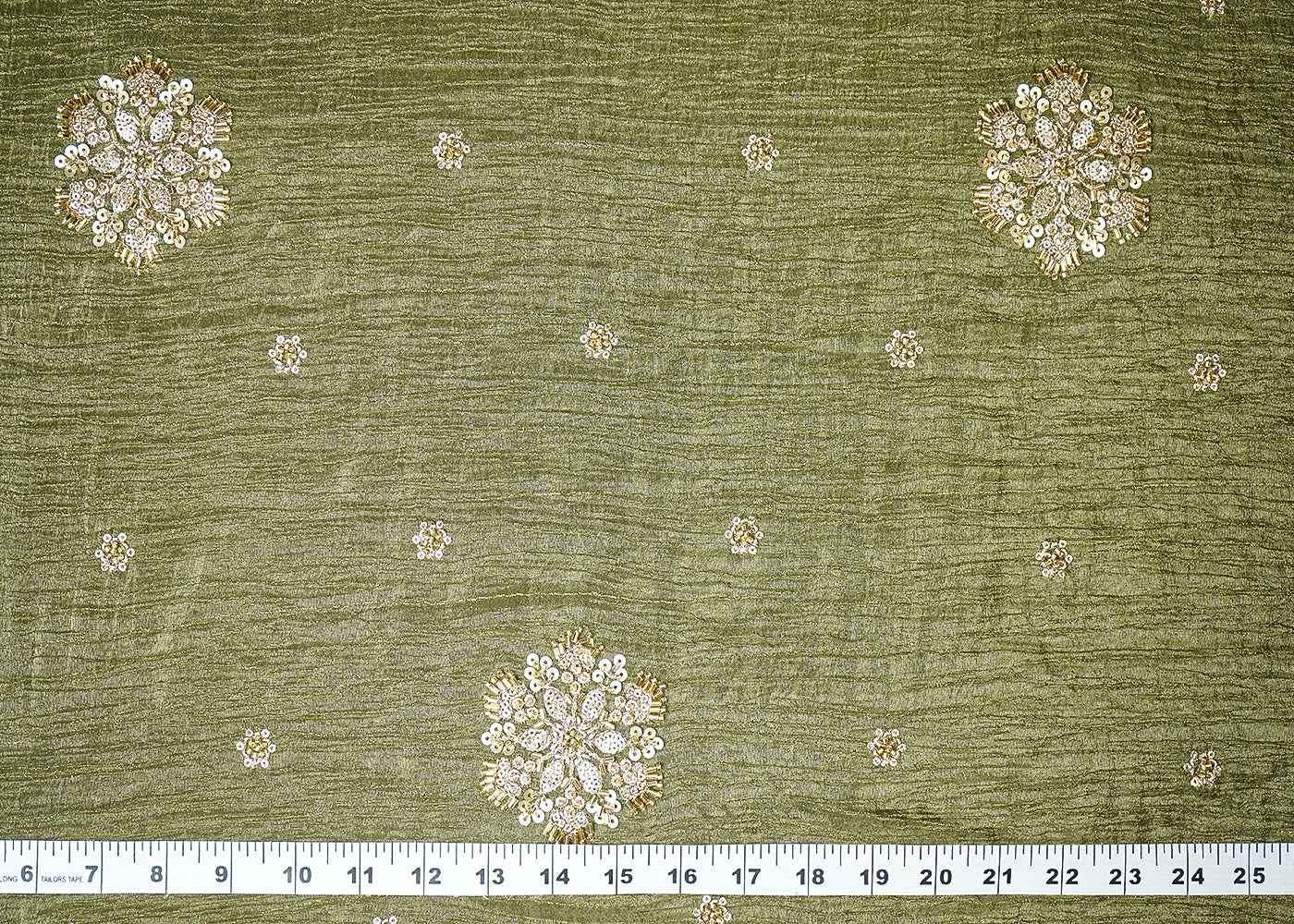 Mehendi Green Tissue Fabric With All Over Floral Print And Sequins, Zari, Bead, Katdana Work With Two Side Border 19296