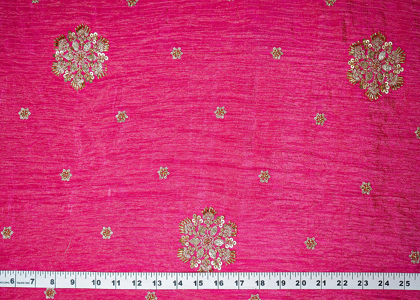 Rani Pink Tissue Fabric With All Over Floral Print And Sequins, Zari, Bead, Katdana Work With Two Side Border 19297