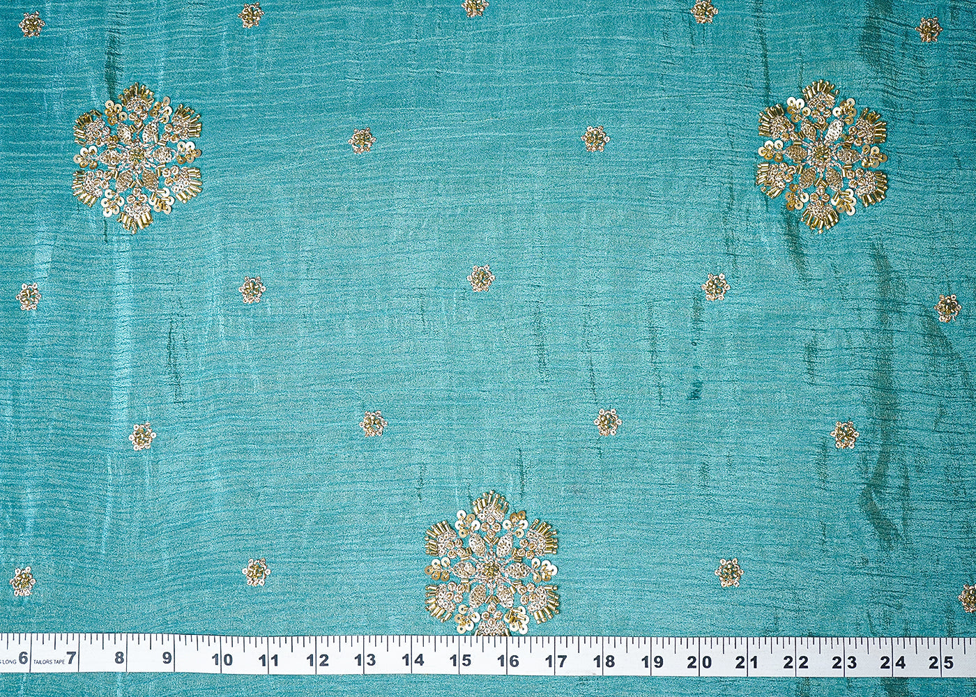 Blue Tissue Fabric With All Over Floral Print And Sequins, Zari, Bead, Katdana Work With Two Side Border 19298