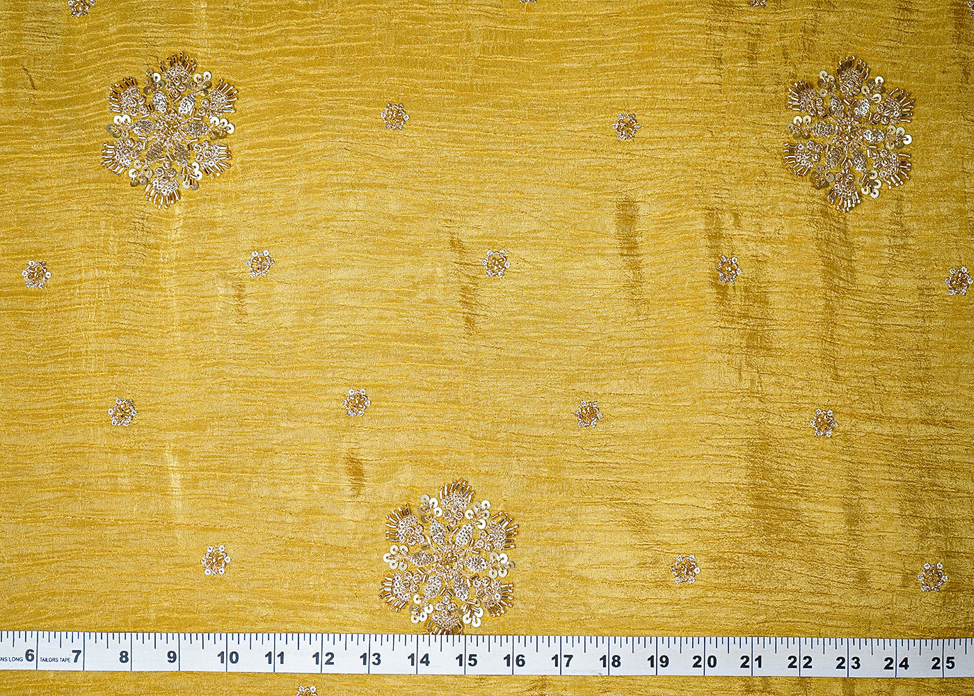 Mustard Tissue Fabric With All Over Floral Print And Sequins, Zari, Bead, Katdana Work With Two Side Border 19299
