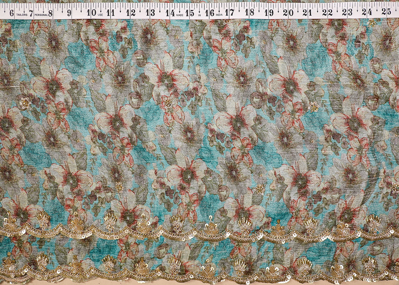Blue Tissue Fabric With All Over Floral Print And Sequins, Zari, Bead, Katdana Work With Two Side Border 19300