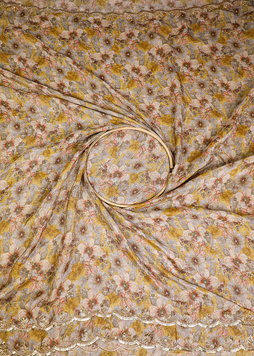 Mustard-Tissue-Dupatta-Fabric-With-All-Over-Floral-Print-And-Sequins,-Zari,-Bead,-Katdana-Work-With-Two-Side-Border-19301-close-view