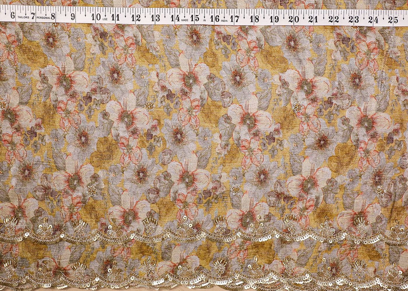Mustard Tissue Fabric With All Over Floral Print And Sequins, Zari, Bead, Katdana Work With Two Side Border 19301