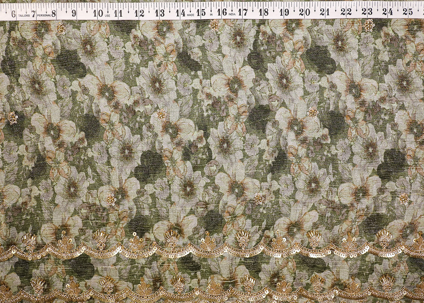 Mehendi Green Tissue Fabric With All Over Floral Print And Sequins, Zari, Bead, Katdana Work With Two Side Border 19303