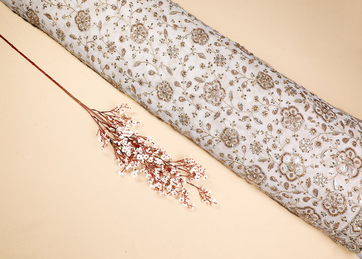White Georgette Fabric With All Over Katdana, Sequins, Bead And Zari Work With One Side Border 19307