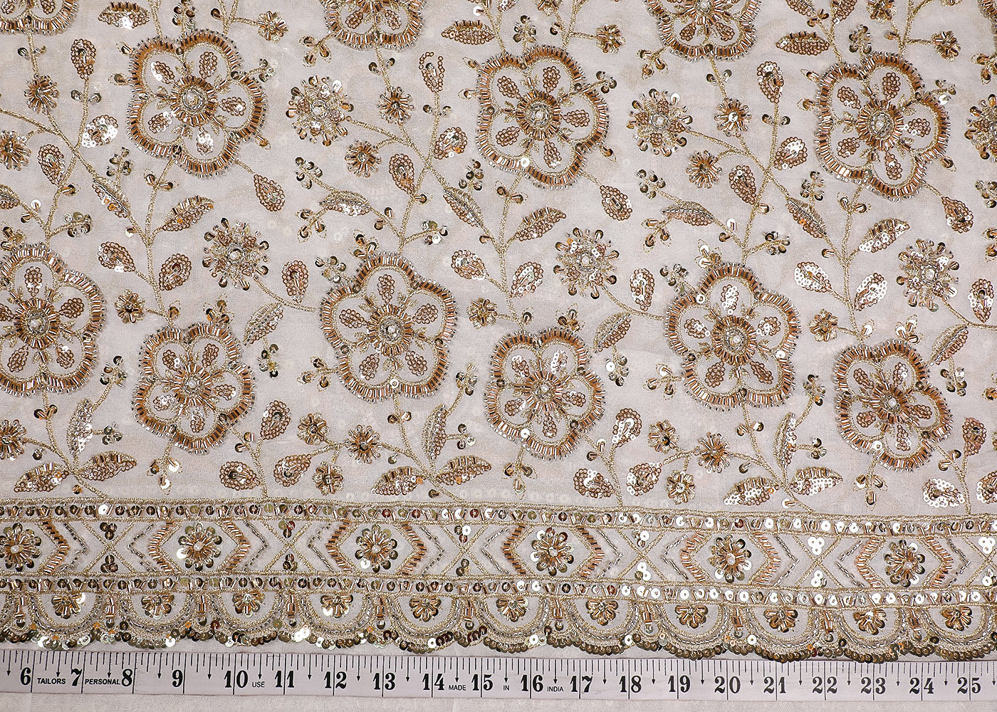 White Georgette Fabric With All Over Katdana, Sequins, Bead And Zari Work With One Side Border 19307