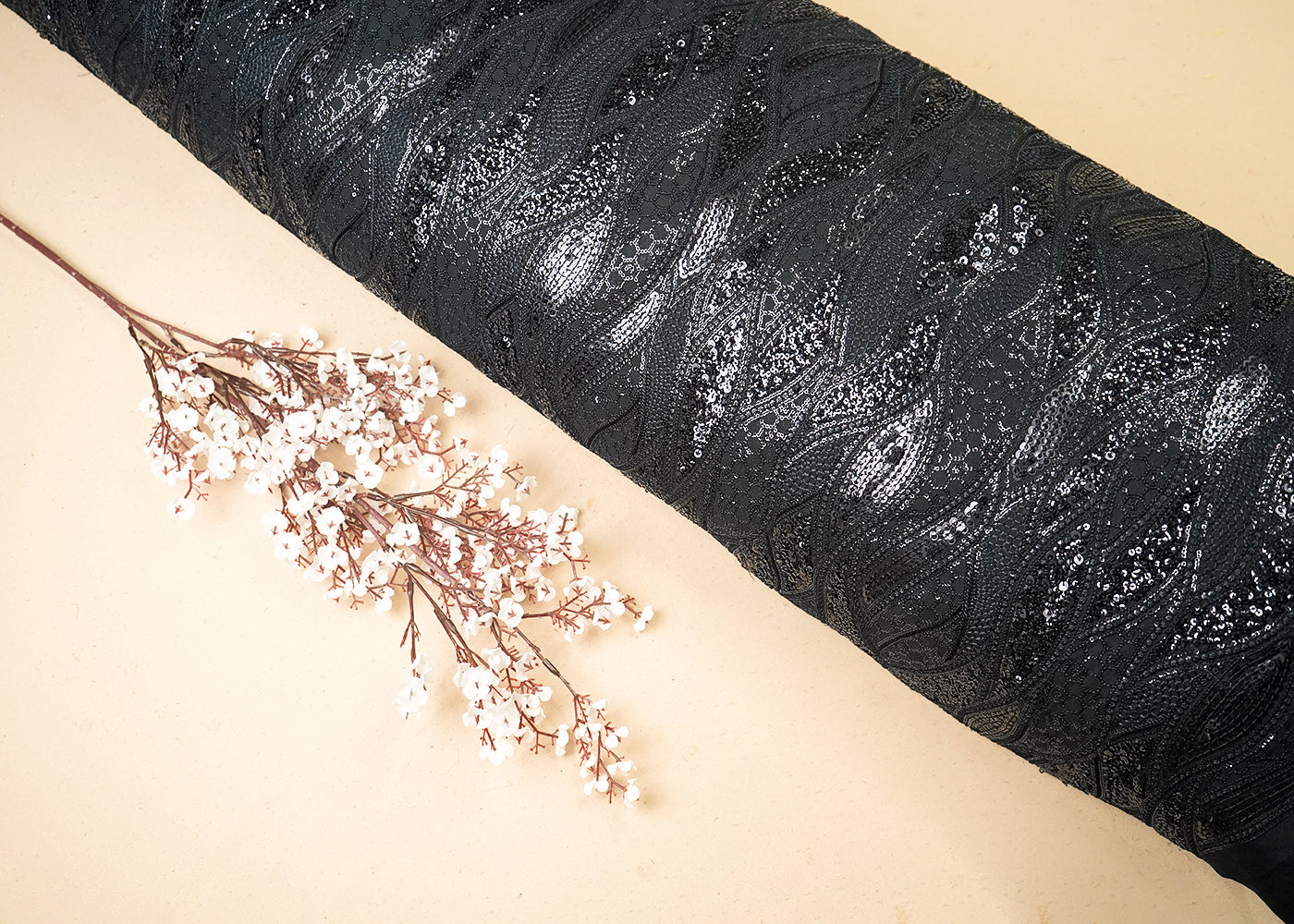 Black Georgette Fabric With All Over Thread And Sequins Work 19312