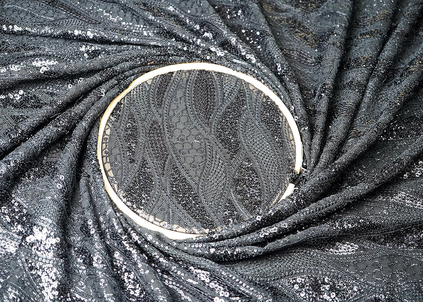 Black Georgette Fabric With All Over Thread And Sequins Work 19312