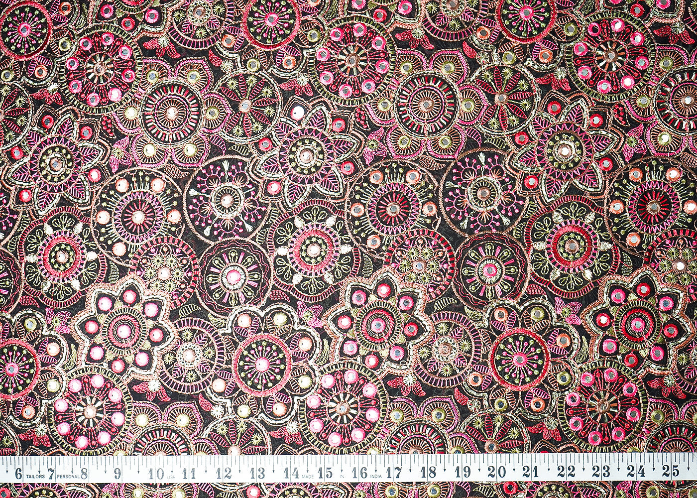 Black Georgette Fabric With All Over Multi-Colour Thread And Faux Mirror Work 19313