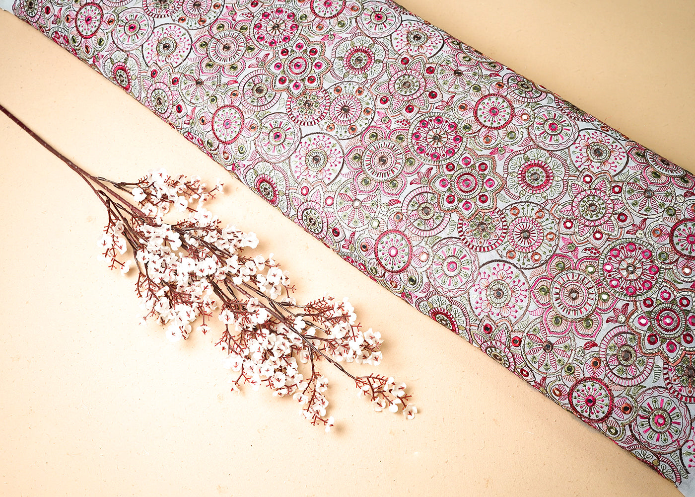 White Georgette Fabric With All Over Multi-Colour Thread And Faux Mirror Work 19314