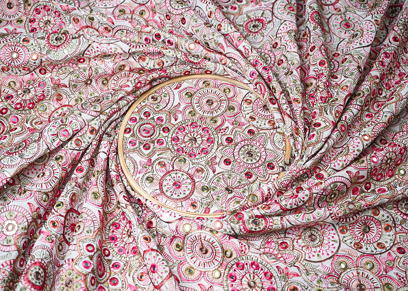 White Georgette Fabric With All Over Multi-Colour Thread And Faux Mirror Work 19314