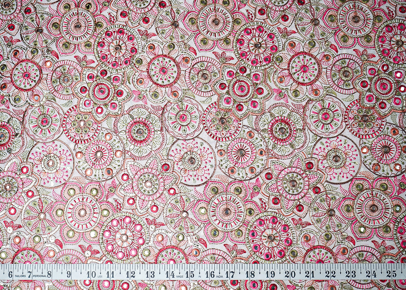 White Georgette Fabric With All Over Multi-Colour Thread And Faux Mirror Work 19314