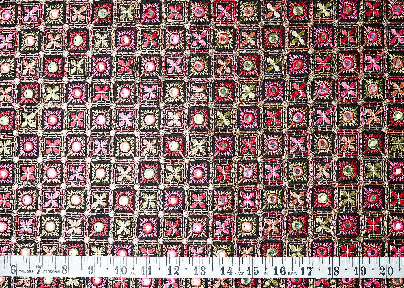 Black Georgette Fabric With All Over Multi-Colour Thread And Faux Mirror Work 19315