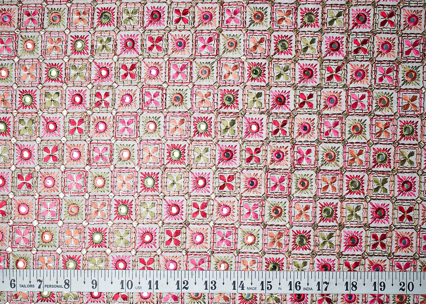 White Georgette Fabric With All Over Multi-Colour Thread And Faux Mirror Work 19316