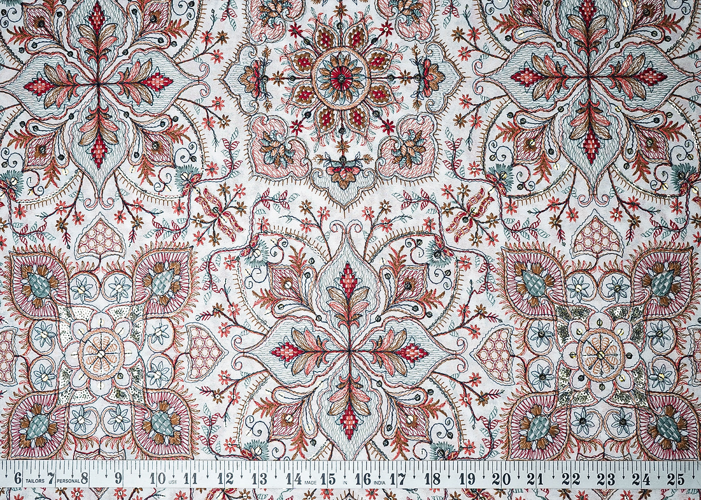 White Georgette Fabric With All Over Multi-Colour Thread And Sequins Work 19317