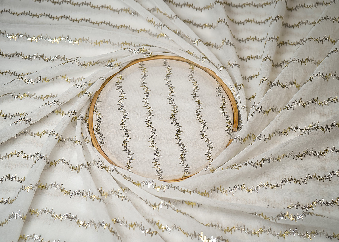 White Georgette Fabric With All Over Thread And Sequins Work 19330